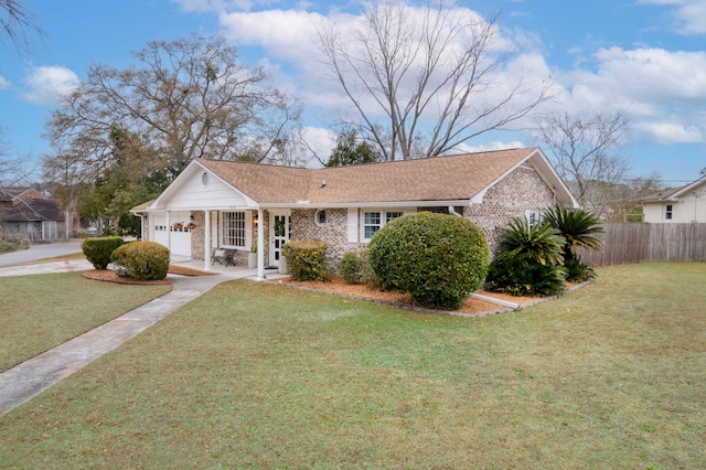 single story home with a garage and a front lawn