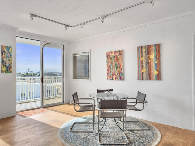 dining space with wood-type flooring, rail lighting, and ornamental molding