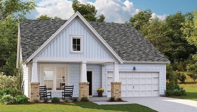 view of front of house with board and batten siding, an attached garage, driveway, and a shingled roof