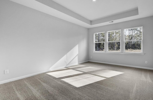 carpeted empty room featuring baseboards and a raised ceiling