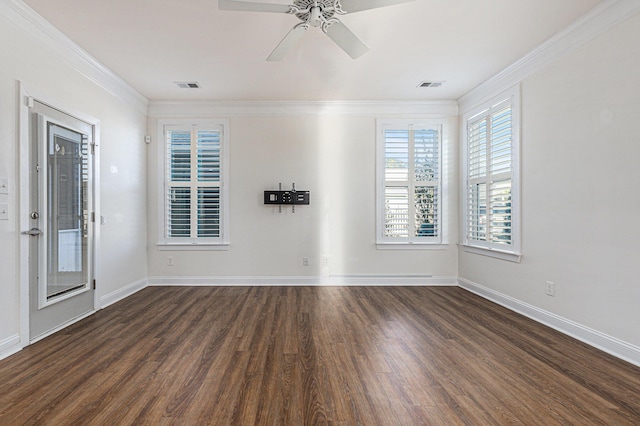 unfurnished room with ceiling fan, crown molding, and dark hardwood / wood-style flooring