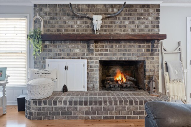 interior details featuring a fireplace, wood-type flooring, and crown molding