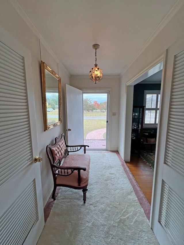 sitting room with wood-type flooring, a wealth of natural light, and ornamental molding