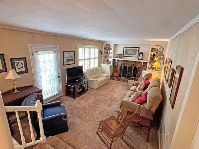 carpeted living room featuring a fireplace and ornamental molding