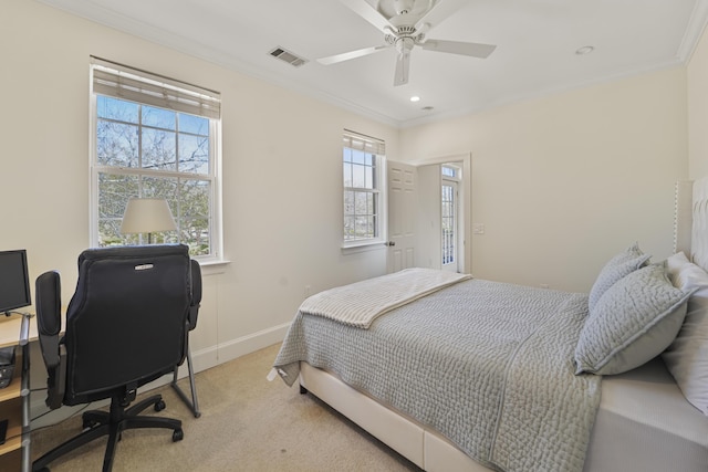 carpeted bedroom with visible vents, ornamental molding, recessed lighting, baseboards, and ceiling fan