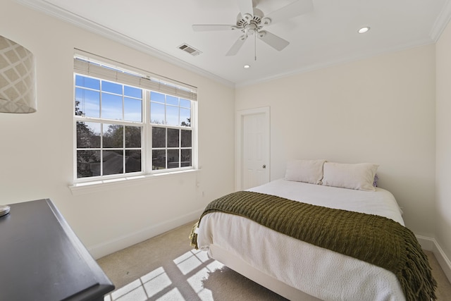 bedroom with carpet, visible vents, baseboards, recessed lighting, and ornamental molding