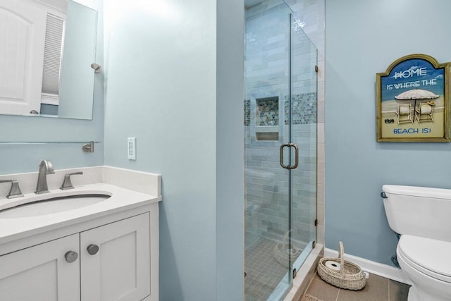1404 Palmetto Blvd, Edisto Beach, SC 29438 - full bathroom with toilet, vanity, a stall shower, tile patterned flooring, and baseboards
