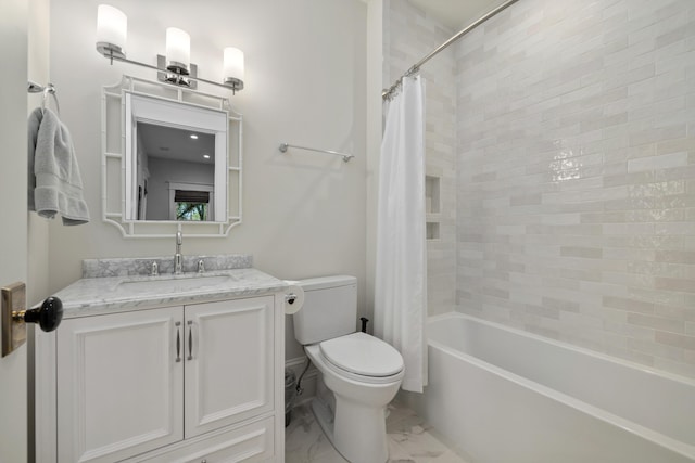 bathroom with vanity, shower / bath combination with curtain, toilet, and marble finish floor