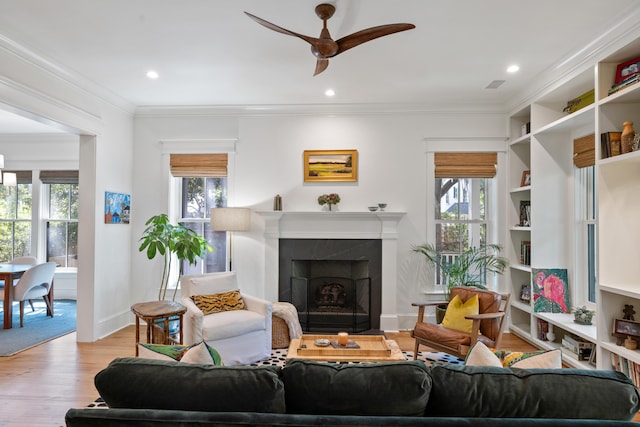 living area with ceiling fan, wood finished floors, and a wealth of natural light