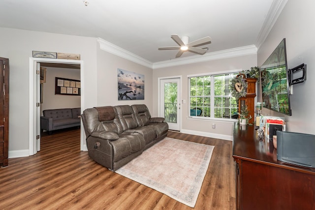 1121 Basildon Rd, Mount Pleasant, SC 29466 - living room with ceiling fan, crown molding, and wood finished floors