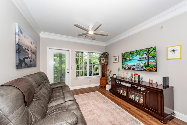 1121 Basildon Rd, Mount Pleasant, SC 29466 - living room featuring ornamental molding, wood finished floors, and ceiling fan