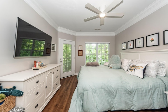 1121 Basildon Rd, Mount Pleasant, SC 29466 - bedroom featuring access to outside, crown molding, dark wood-type flooring, and a ceiling fan