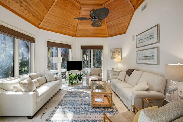 living room featuring ceiling fan, light tile patterned flooring, wooden ceiling, and high vaulted ceiling