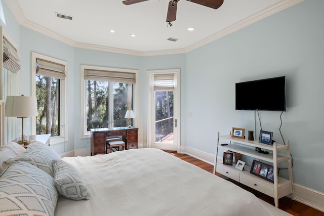 bedroom featuring hardwood / wood-style flooring, ceiling fan, crown molding, and access to exterior