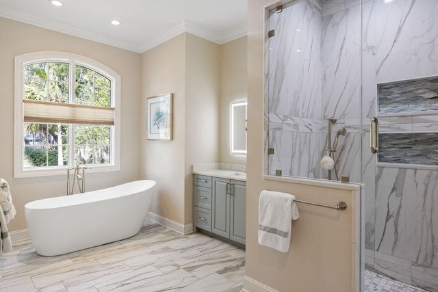 bathroom featuring vanity, crown molding, and independent shower and bath