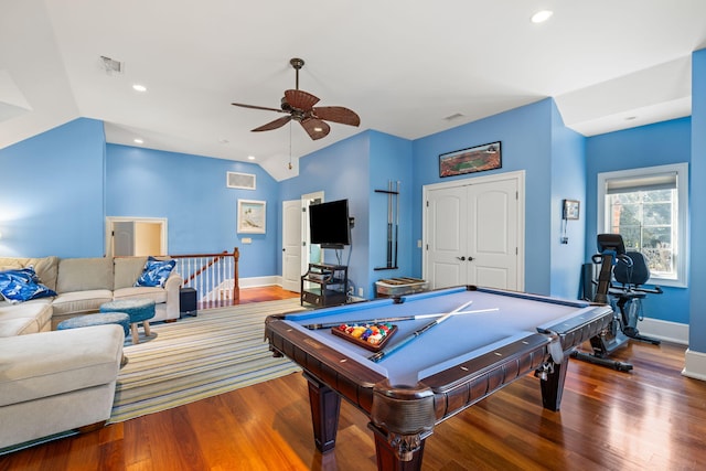 recreation room with hardwood / wood-style flooring, pool table, lofted ceiling, and ceiling fan