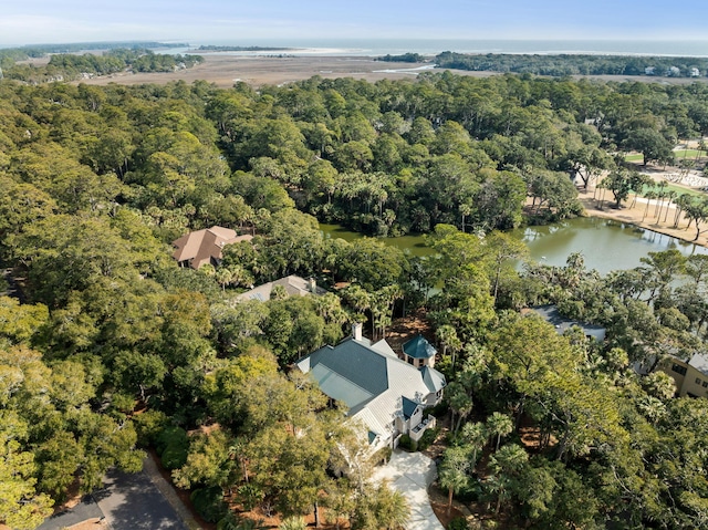 drone / aerial view with a water view