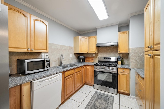 14 Aldene Ave, Goose Creek, SC 29445 - kitchen with appliances with stainless steel finishes, a sink, crown molding, under cabinet range hood, and light tile patterned flooring