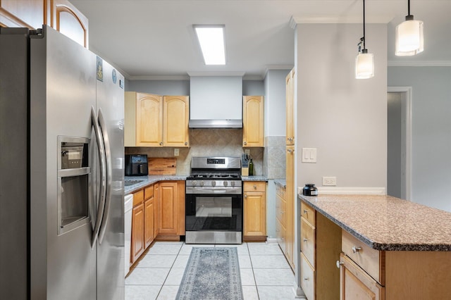 14 Aldene Ave, Goose Creek, SC 29445 - kitchen with appliances with stainless steel finishes, tasteful backsplash, a peninsula, crown molding, and light tile patterned floors