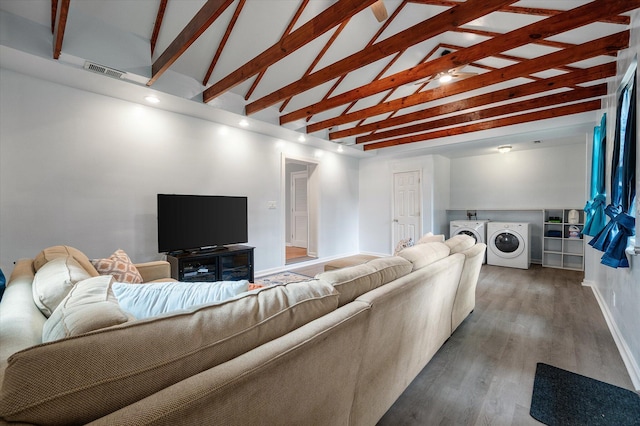 14 Aldene Ave, Goose Creek, SC 29445 - living area with washing machine and clothes dryer, high vaulted ceiling, wood finished floors, baseboards, and beamed ceiling