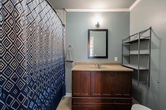 14 Aldene Ave, Goose Creek, SC 29445 - full bathroom with crown molding, vanity, toilet, curtained shower, and baseboards