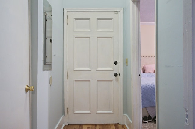 doorway to outside featuring light wood-type flooring and electric panel