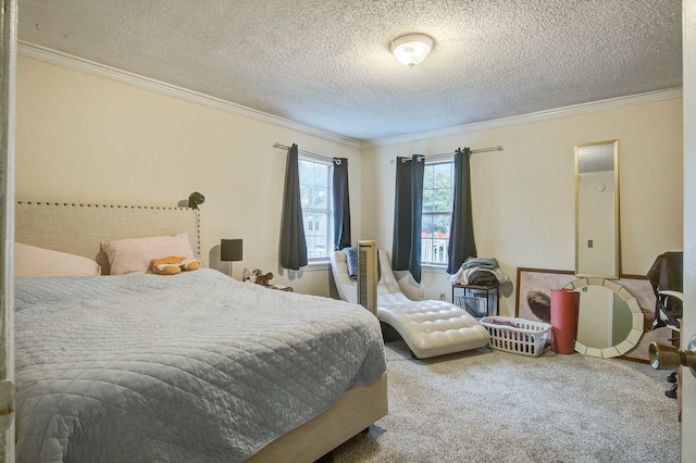 carpeted bedroom with a textured ceiling and ornamental molding