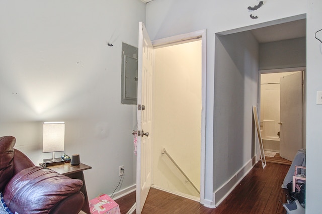 hallway with dark hardwood / wood-style flooring and electric panel