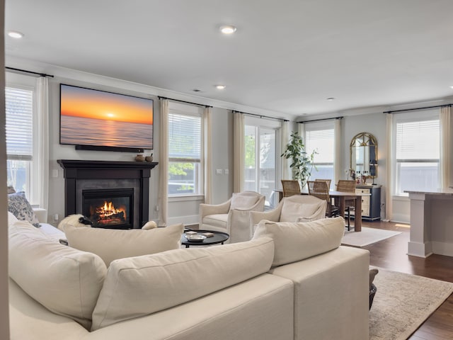 living room with a glass covered fireplace, baseboards, ornamental molding, recessed lighting, and dark wood-type flooring