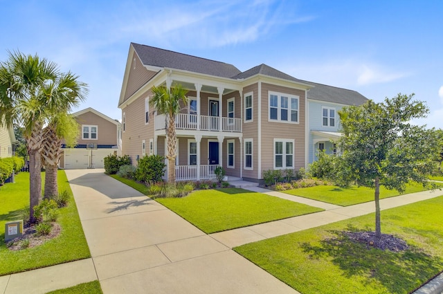 357 Parish Farms Dr, Summerville, SC 29486 - greek revival house featuring covered porch, a front lawn, driveway, a balcony, and an attached garage