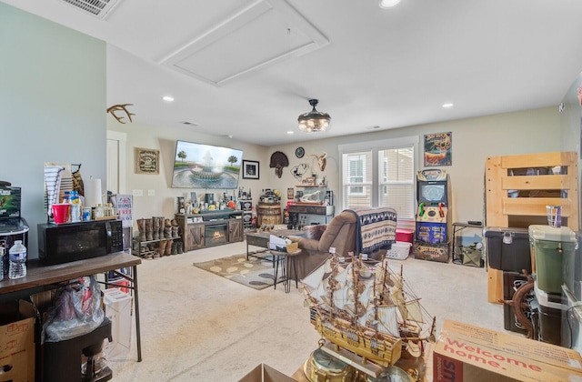 357 Parish Farms Dr, Summerville, SC 29486 - living room with carpet floors, attic access, and recessed lighting