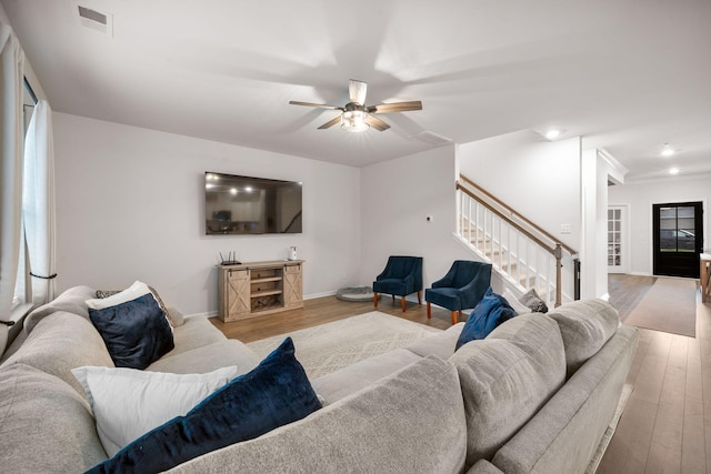 701 Squire Pope Rd, Summerville, SC 29486 - living area featuring stairway, wood finished floors, a ceiling fan, and recessed lighting