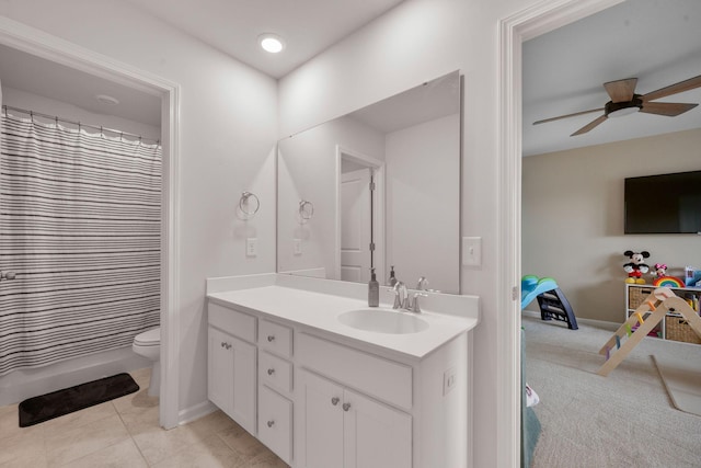 701 Squire Pope Rd, Summerville, SC 29486 - bathroom featuring vanity, a ceiling fan, tile patterned flooring, and curtained shower