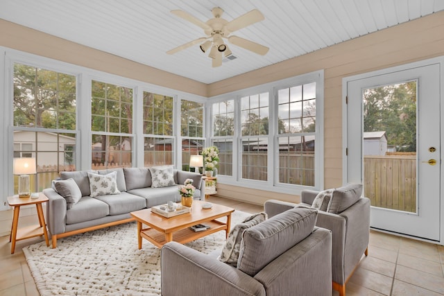 sunroom / solarium with ceiling fan and wood ceiling