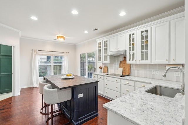 kitchen with sink, white cabinetry, crown molding, tasteful backsplash, and a center island