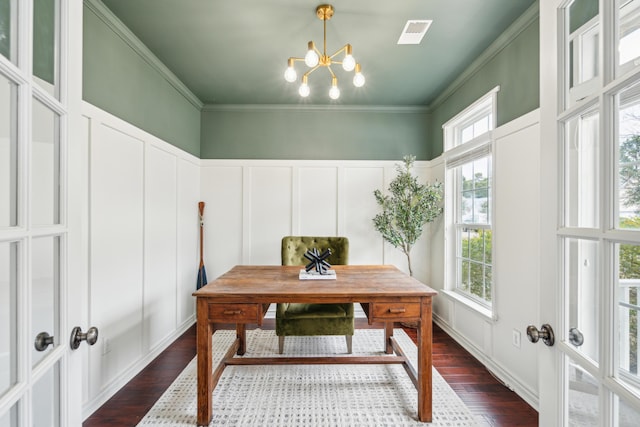 office with an inviting chandelier, crown molding, and dark hardwood / wood-style flooring