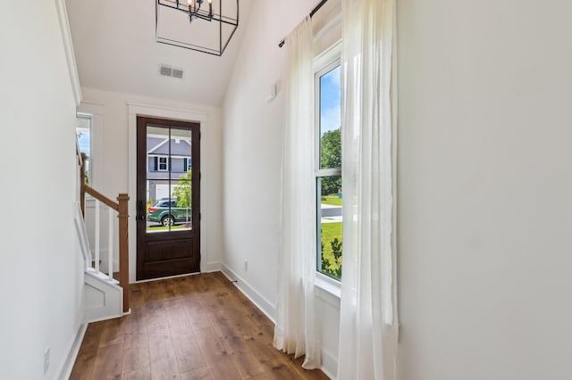 3806 Grateful Rd, North Charleston, SC 29420 - foyer with hardwood / wood-style flooring, a chandelier, baseboards, and stairs