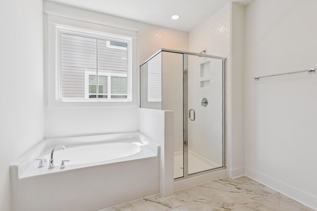 3806 Grateful Rd, North Charleston, SC 29420 - bathroom with a bath, a stall shower, marble look tile flooring, and recessed lighting