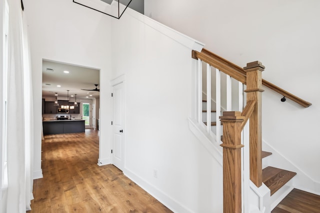 3806 Grateful Rd, North Charleston, SC 29420 - stairs featuring wood finished floors, a ceiling fan, and recessed lighting