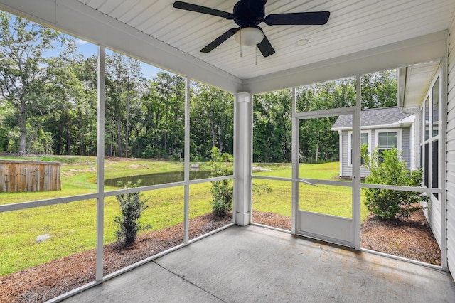 3806 Grateful Rd, North Charleston, SC 29420 - unfurnished sunroom with a ceiling fan, a water view, view of wooded area, and healthy amount of natural light