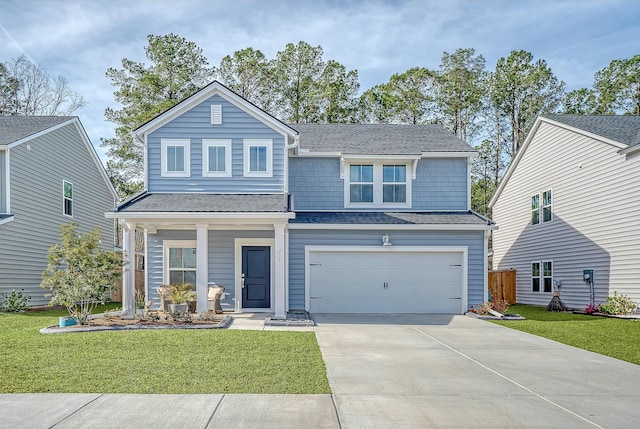 traditional-style house with a garage, driveway, a shingled roof, and a front yard