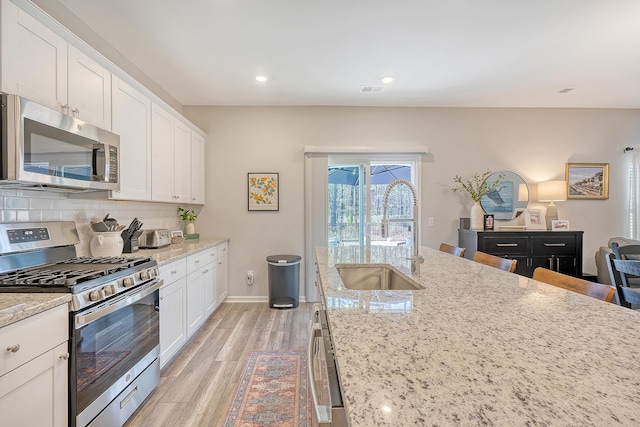 kitchen featuring white cabinets, decorative backsplash, light wood-style flooring, stainless steel appliances, and a sink