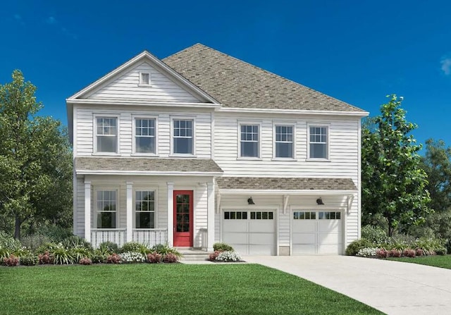 view of front of property with a garage, a front lawn, and a porch