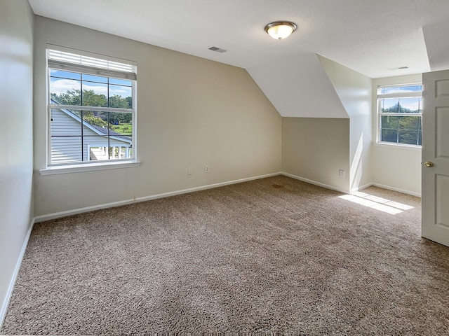 bonus room with a healthy amount of sunlight, carpet flooring, and vaulted ceiling