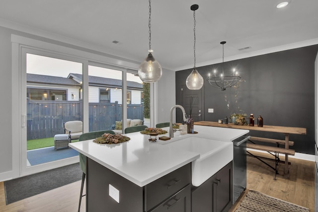 kitchen with sink, an island with sink, and light hardwood / wood-style flooring