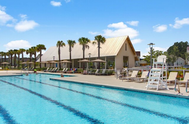 view of swimming pool featuring a patio area