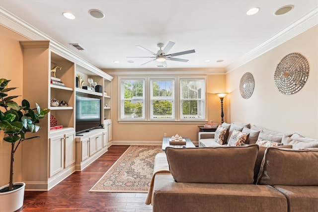 living room with ornamental molding, ceiling fan, dark wood-style flooring, and recessed lighting