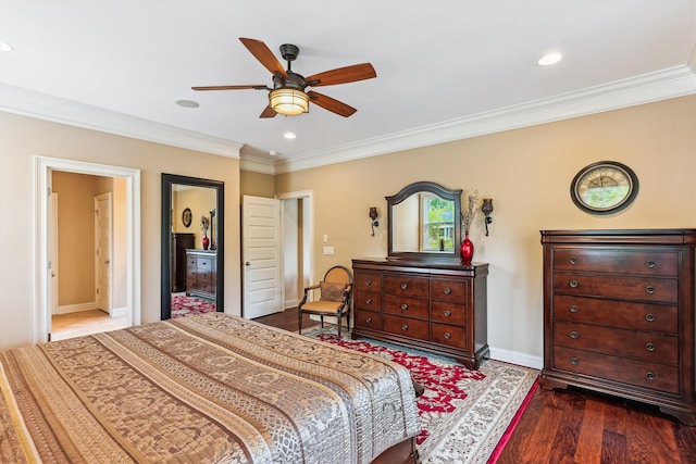 bedroom featuring crown molding, dark wood finished floors, recessed lighting, baseboards, and a ceiling fan