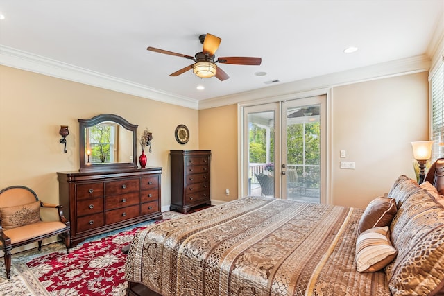 bedroom featuring access to exterior, ornamental molding, baseboards, ceiling fan, and recessed lighting