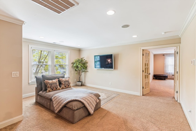 carpeted bedroom featuring ornamental molding, baseboards, and recessed lighting